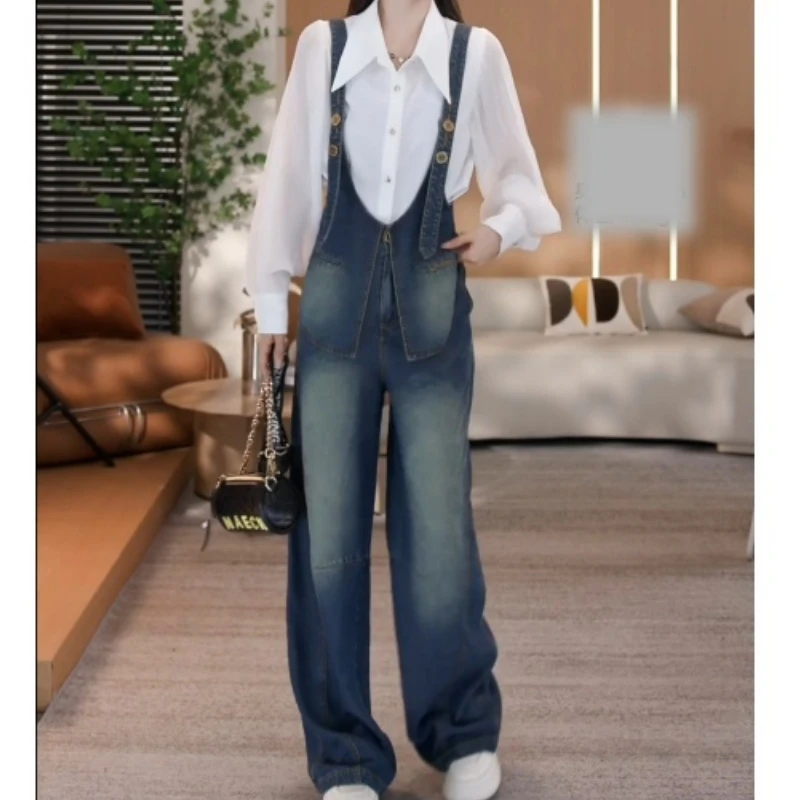 2025早秋时尚百搭细压褶透纱衬衫+帅气可调节牛仔背带裤LK2505765