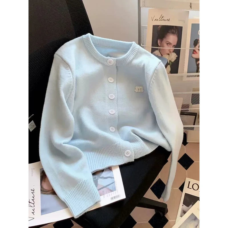 4701 JH软糯感浅蓝色开衫春秋女款小个子温柔风圆领显瘦短外套