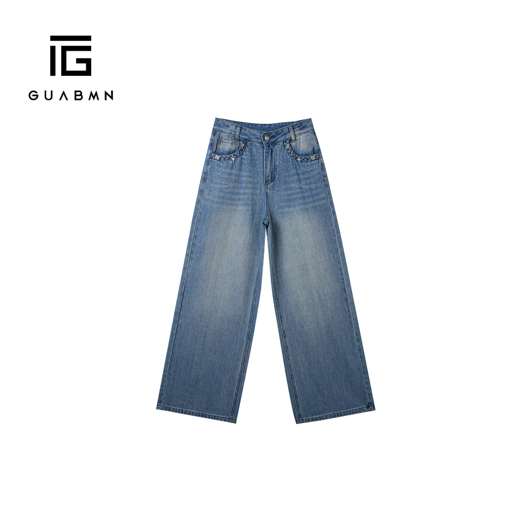 GUABMN2025秋季新款麻花口袋女装烫钻直筒牛仔裤长裤夏日穿搭5386