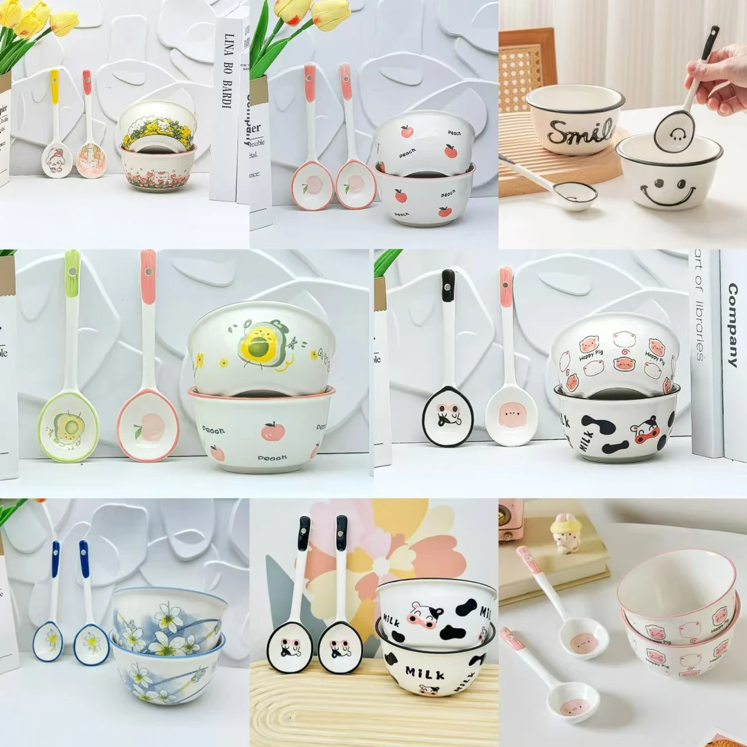 4.5英寸陶瓷米饭碗可爱学生宿舍吃饭碗勺蒸碗汤碗家用碗盘餐具