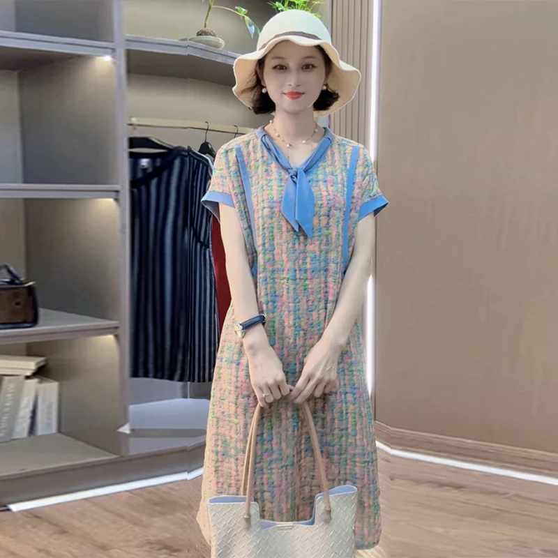 中长款时尚气质短袖连衣裙女2025夏季新款休闲洋气百搭减龄a字裙