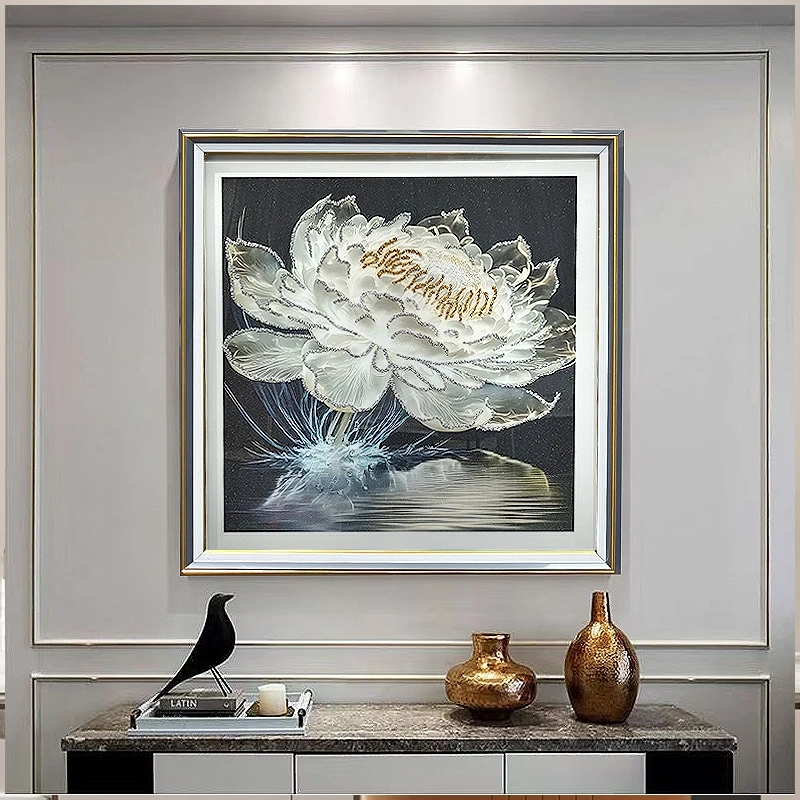 A19【光影睡莲】钢化玻璃餐厅玄关装饰画简约立体纯手工镶嵌实物画