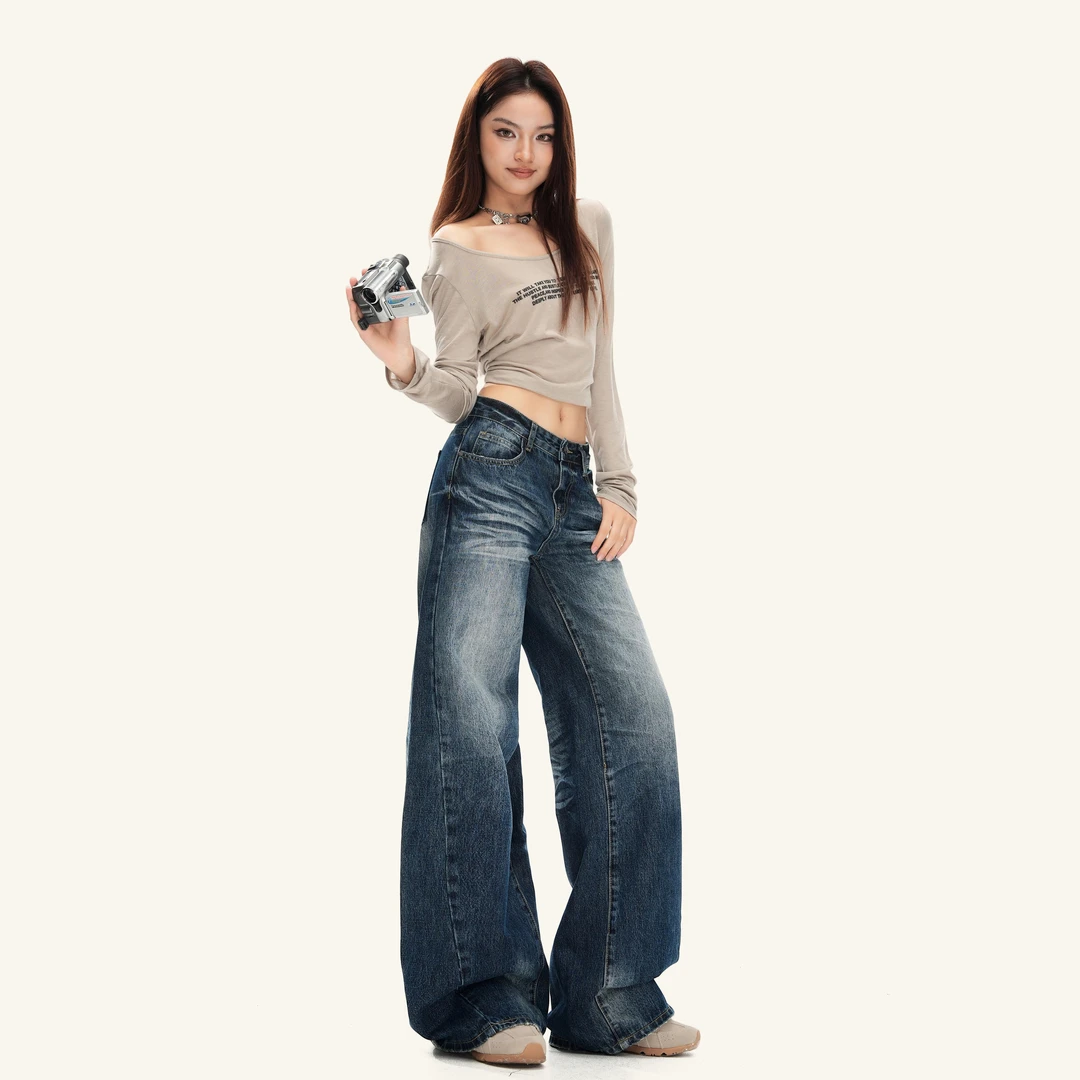 MNGRL 深蓝色水洗直筒牛仔裤女重工猫须纹窄版阔腿裤辣妹拖地裤子