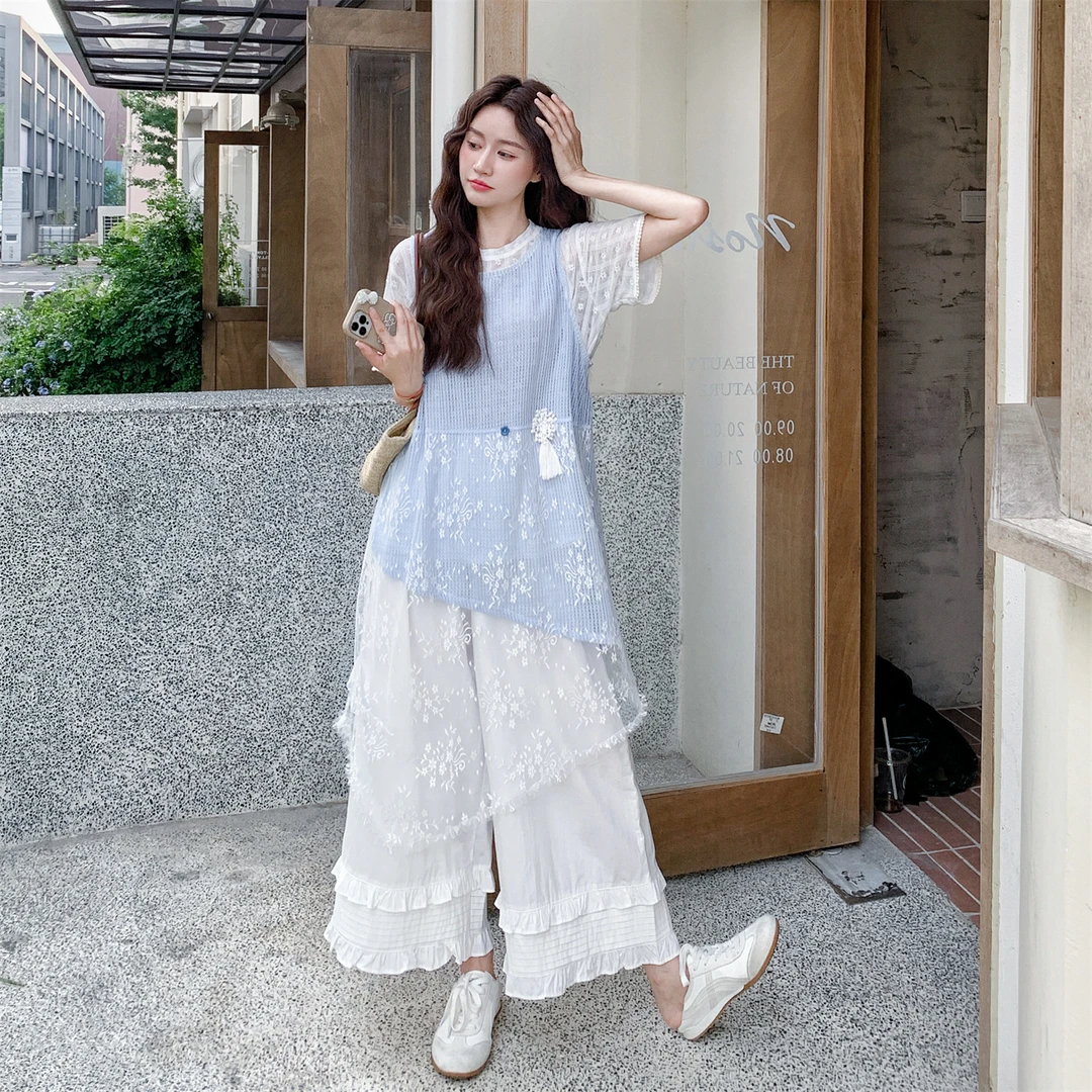 2025夏季新款日系设计感蕾丝拼接下摆罩衫T恤木耳边阔腿裤三件套