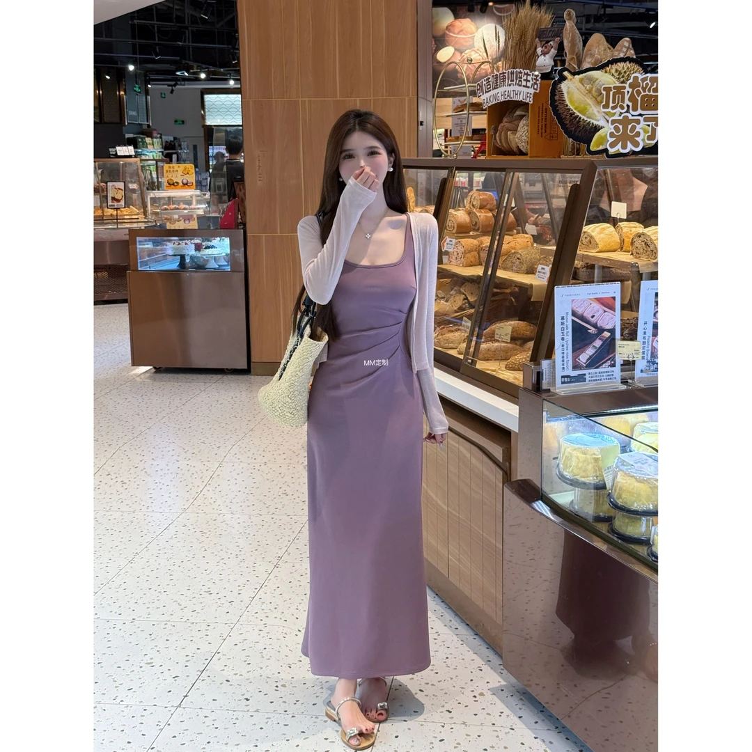 【萌萌家定制】秋季满满显瘦打褶气质连衣裙女开衫两件套 A443