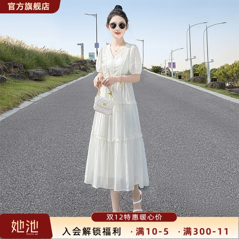 丝柏舍2025夏季新款女装温柔优雅拼接高腰中长V领连衣裙S52B1646L