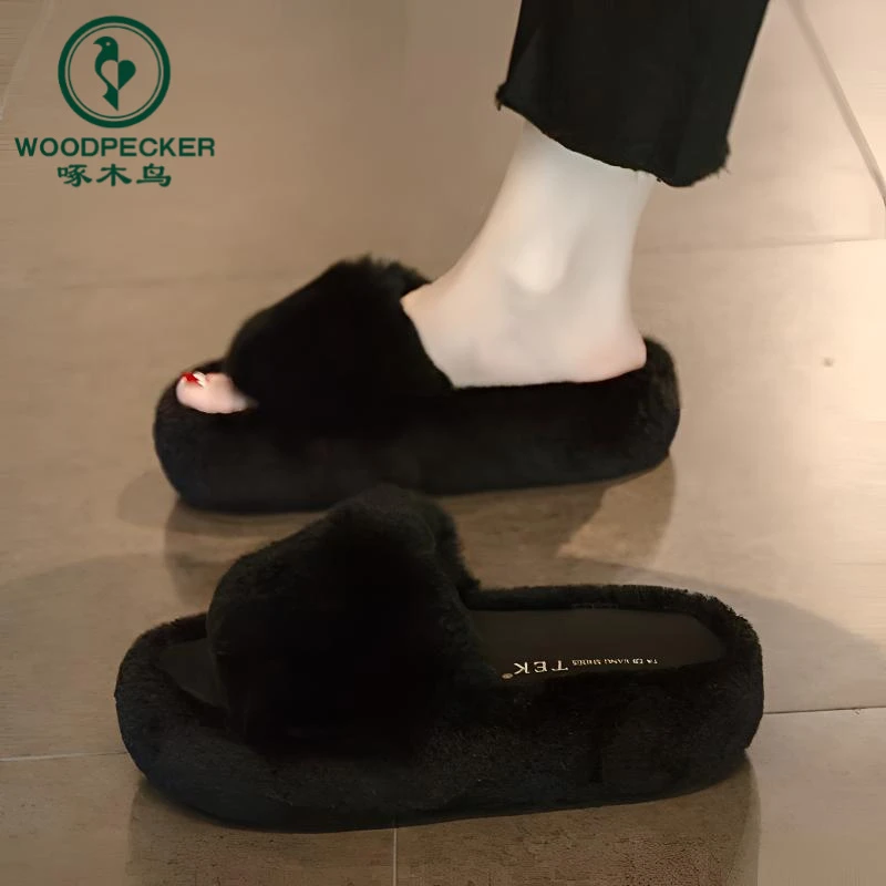 啄木鸟棉拖鞋女款2024年新款秋冬季外穿百搭保暖加绒厚底毛毛拖鞋