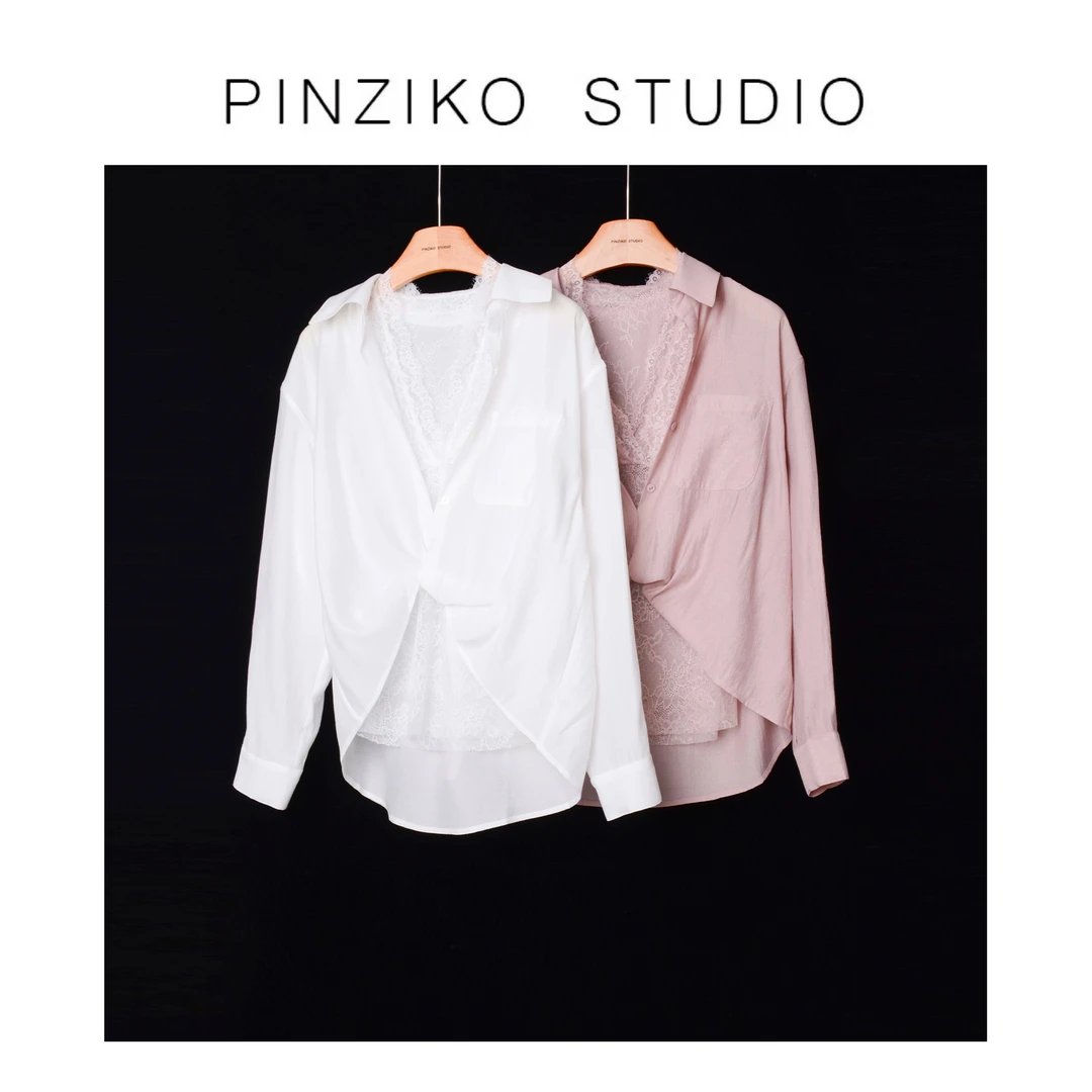【PINZIKO】蕾丝衬衫两件套~设计感翻领长袖+打底背心套装TJF024