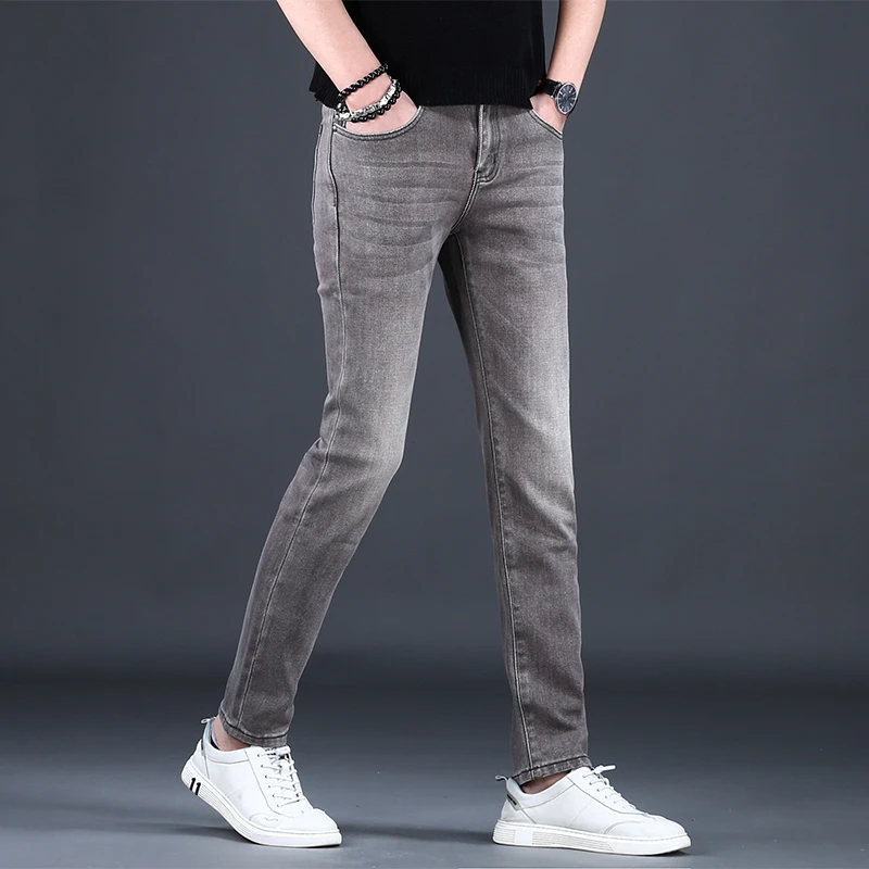 裤子男款爆款2025新款夏季灰色修身小脚弹力男士牛仔裤潮流百搭裤