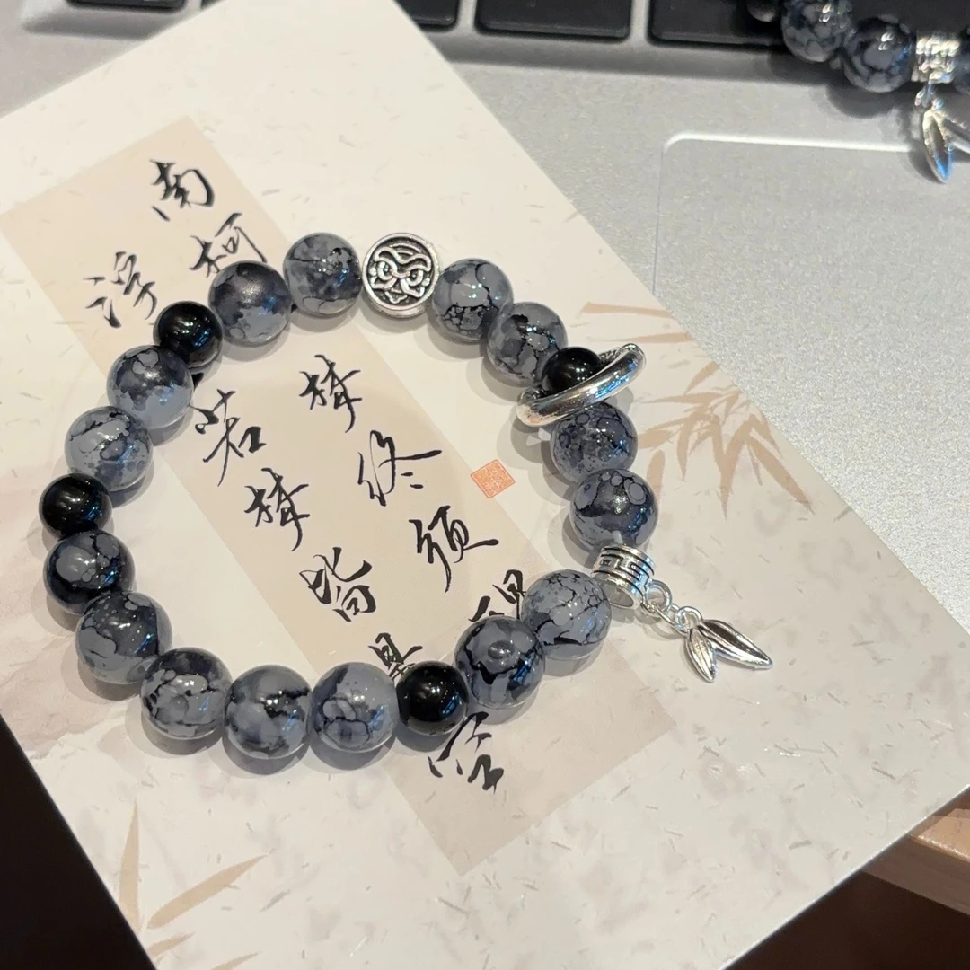 七阅 钛钢琉璃手链 朱雀墨华珠链手工墨华琉璃珠黑色男女通用复古