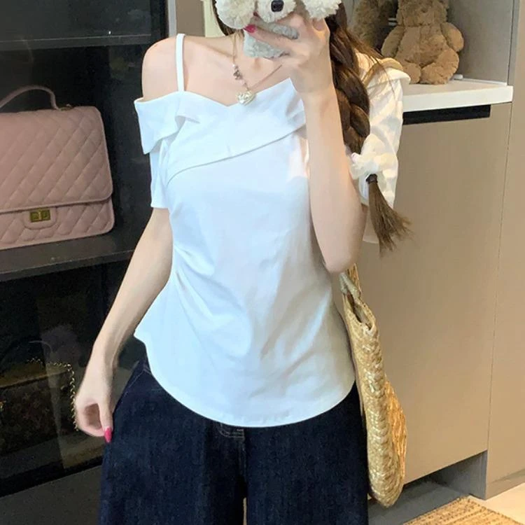 2025夏装新款纯欲不规则斜领短袖T恤女DS韩系收腰遮肚露肩上衣