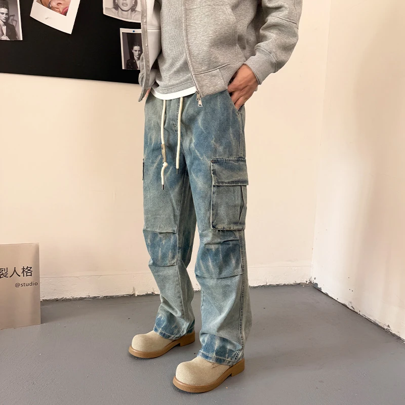 2025春季新款扎染牛仔裤男款潮牌复古褶皱工装裤宽松直筒阔腿裤男