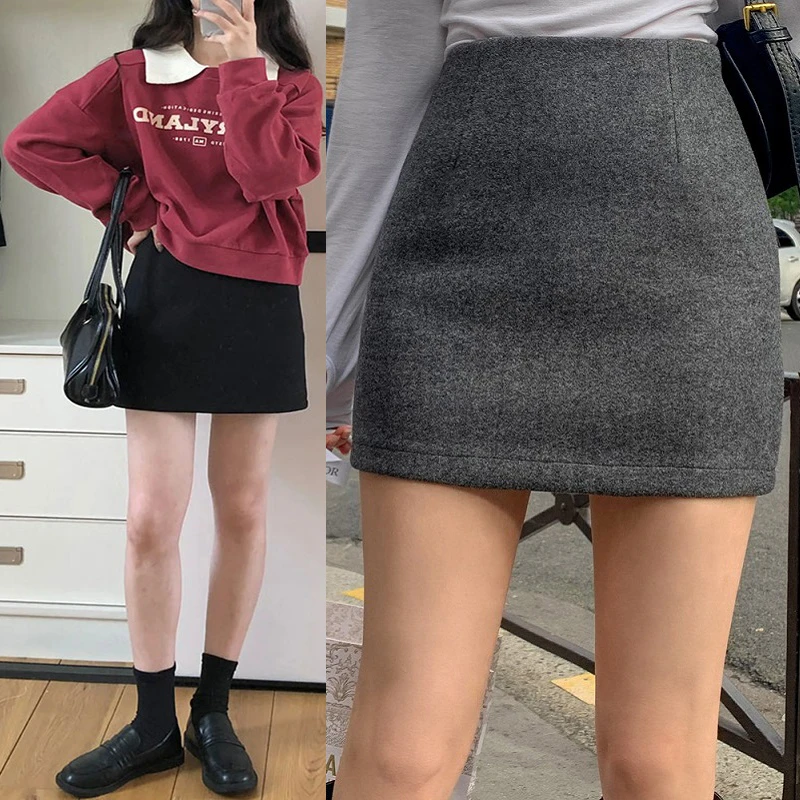 百搭短裙显瘦灰色毛呢裙黑色韩版半身裙高腰包臀裙防走光A字裙女
