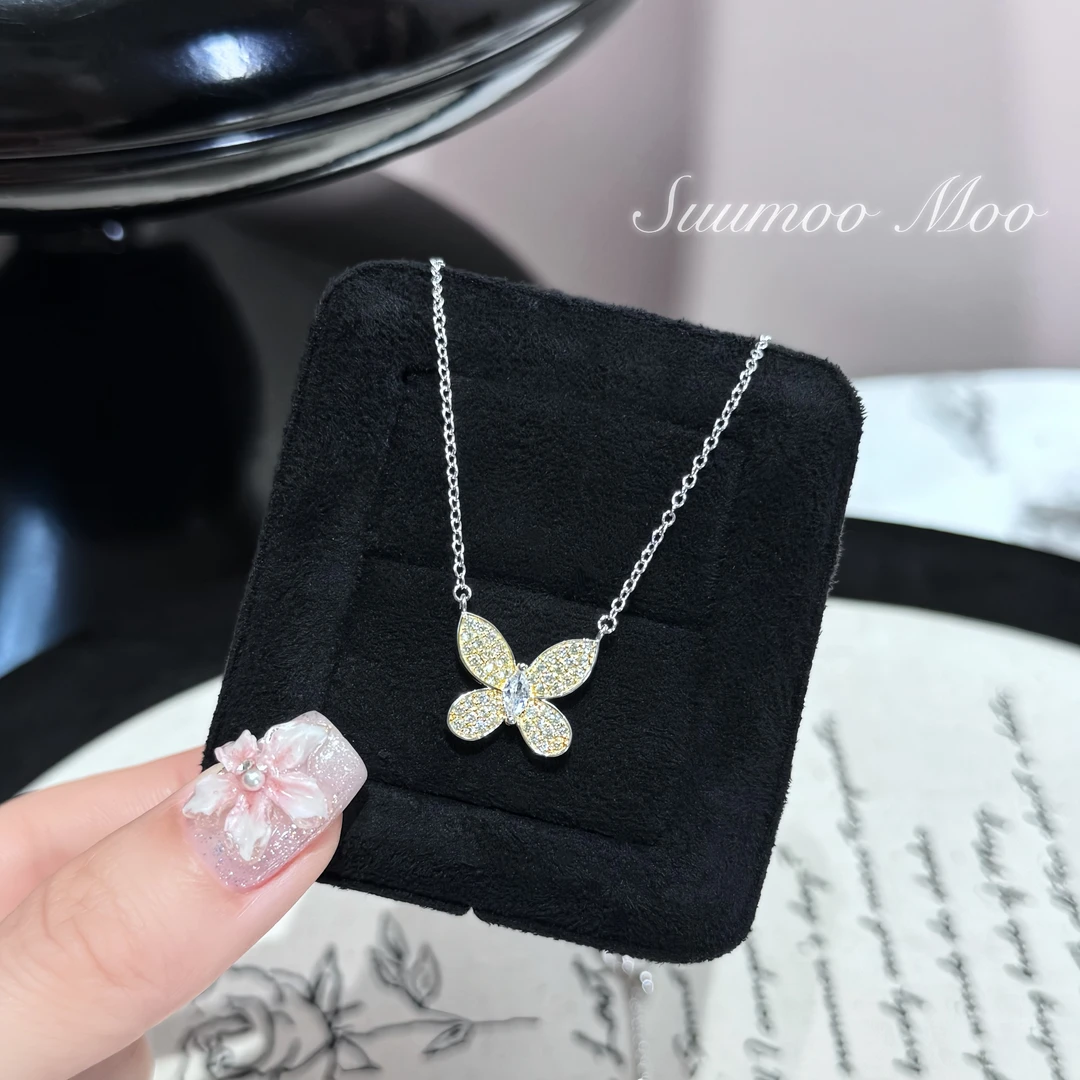 铜合金合成锆石项链 法式轻奢满钻淡黄色蝴蝶项链 镶嵌锁骨链