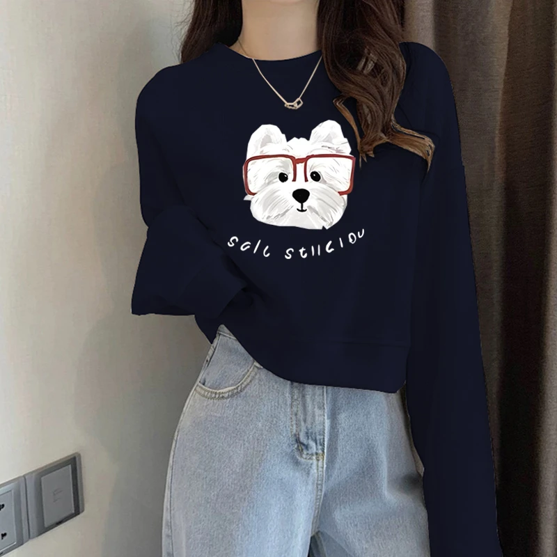 圆领套头短款卫衣女加绒加厚秋冬长袖上衣高腰显瘦小个子春秋薄款