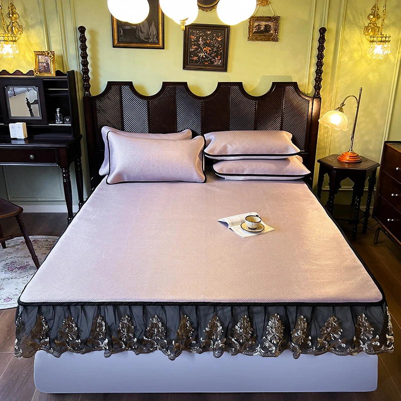 夏季蕾丝花边床笠款冰藤席三件套防滑透气凉感空调软席可折叠凉席