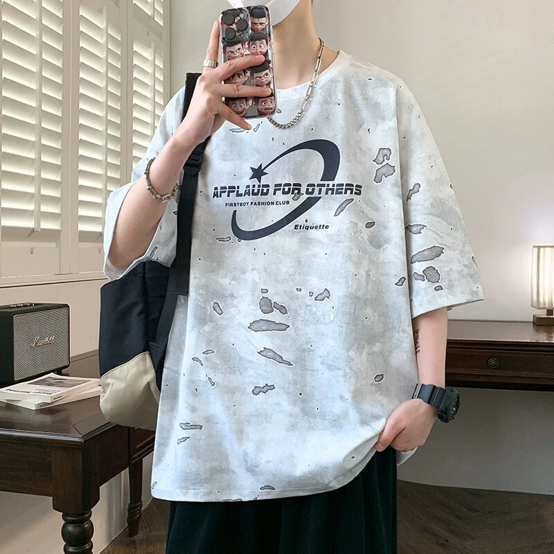 男生夏季新款扎染印花美式短袖T恤潮流宽松t恤休闲学生圆领半袖男