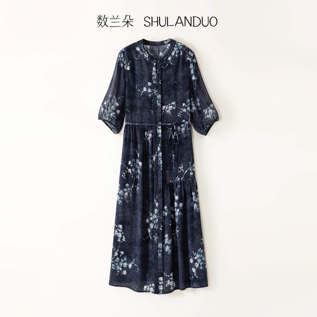 【100%桑蚕丝】数兰朵静奢风青花瓷印花真丝连衣裙 飘逸显瘦长裙