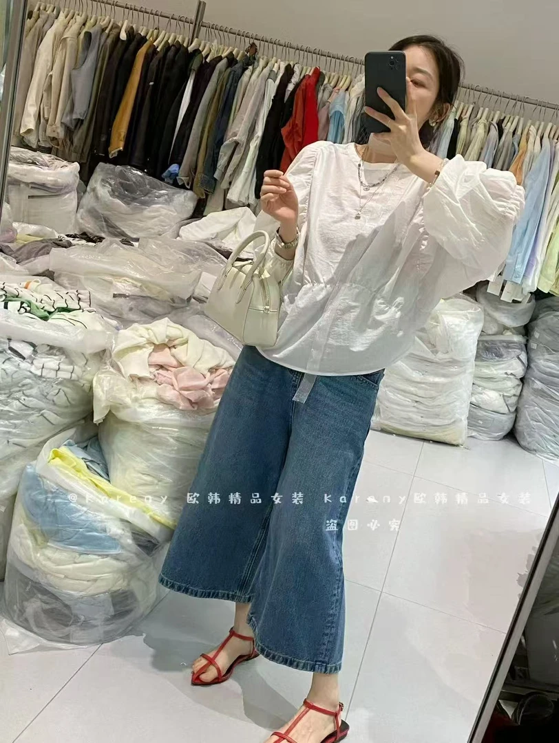 5052韩系圆领蝙蝠袖显瘦衬衫女2025夏季褶皱设计感小众百搭上衣潮