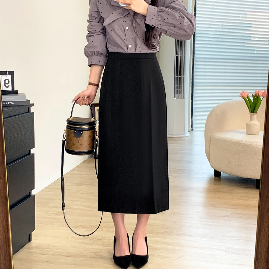 黑色西裤中长款A字半身裙秋季胖妹妹梨形身材高腰显瘦开叉直筒裙