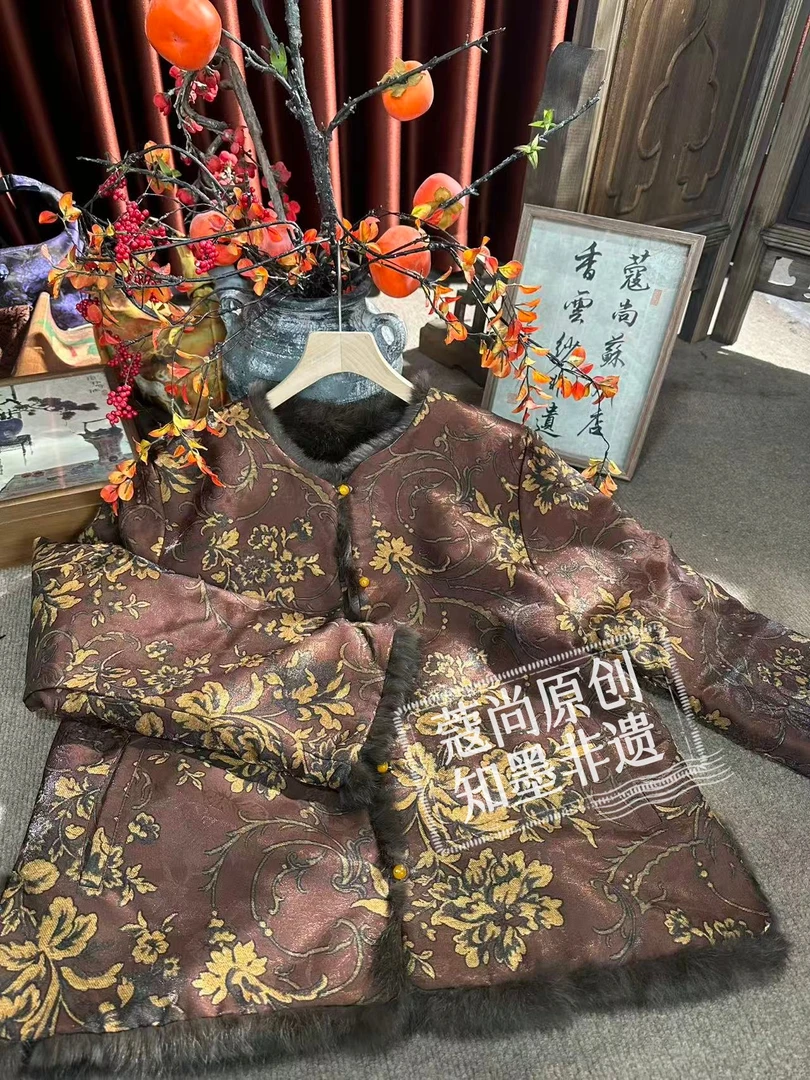 冬季新款新中式国风宽松显瘦圆领织金牡丹提花加厚外套