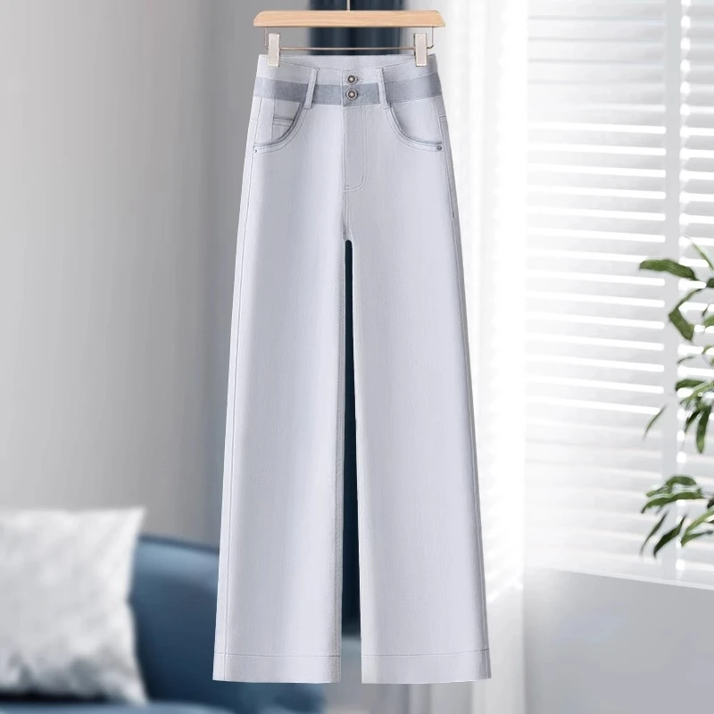 莫兰迪灰窄版阔腿牛仔裤女2025夏新款高腰显瘦宽松垂感九分直筒裤