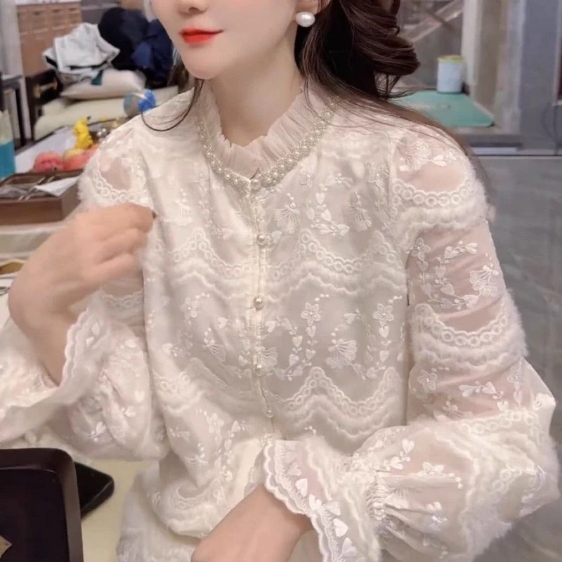 奥特莱斯网纱洋气独特新中式国风名媛白月光穿搭法式蕾丝拼接上衣