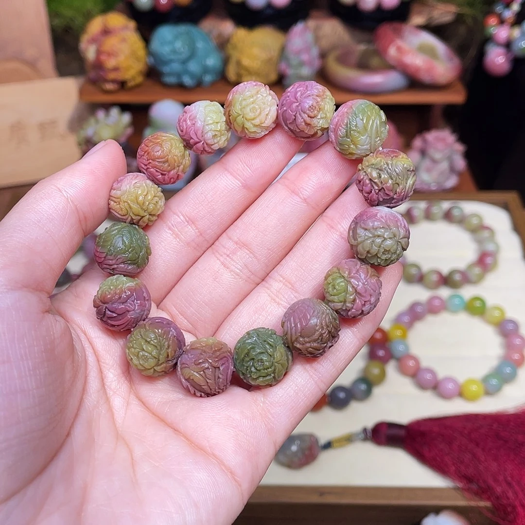 五***顶玛瑙/玉髓未镶嵌手串盐源玛瑙凤穿牡丹手串