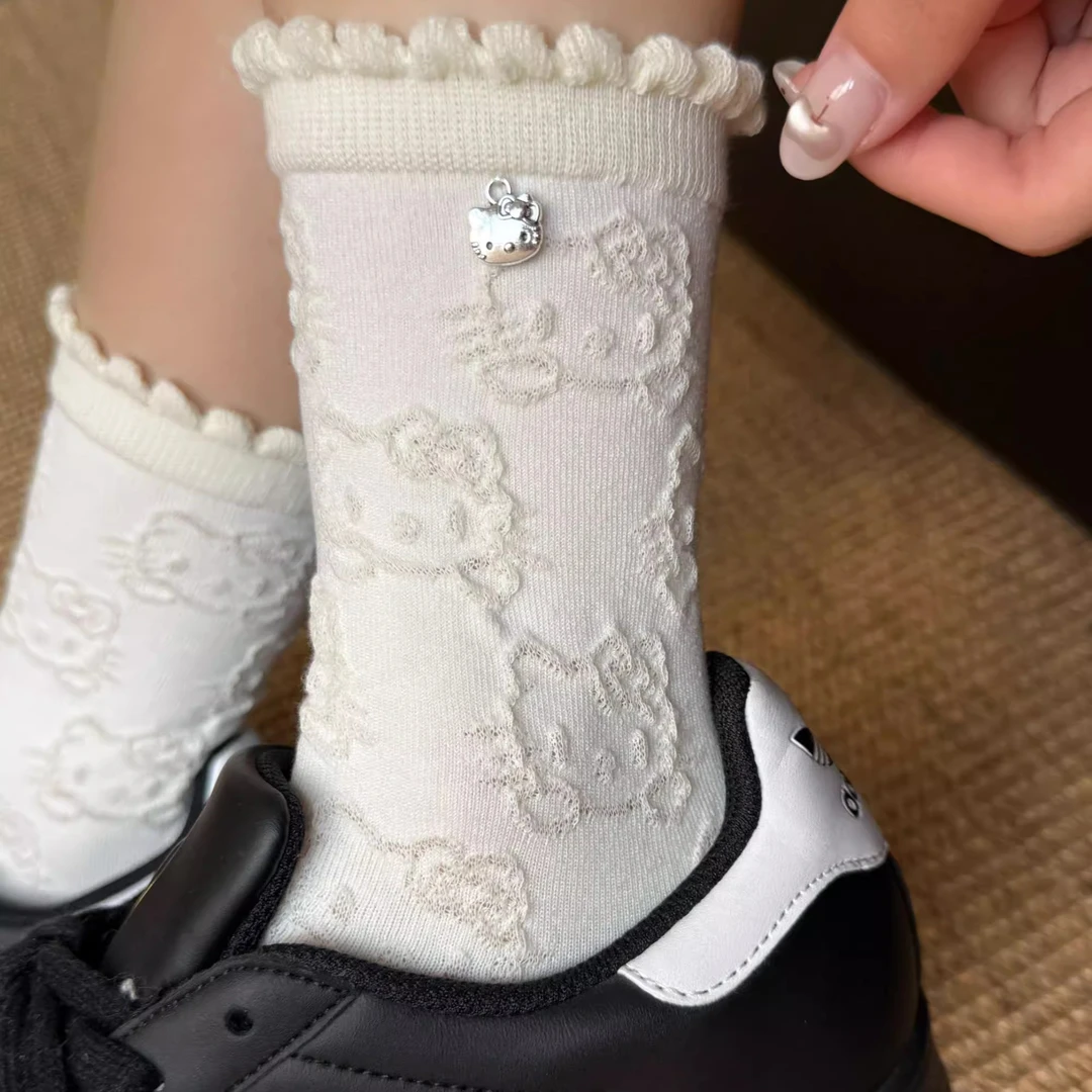 敲可爱Hello Kitty袜子女花边堆堆袜卡通Kitty吊坠棉袜可爱中筒袜