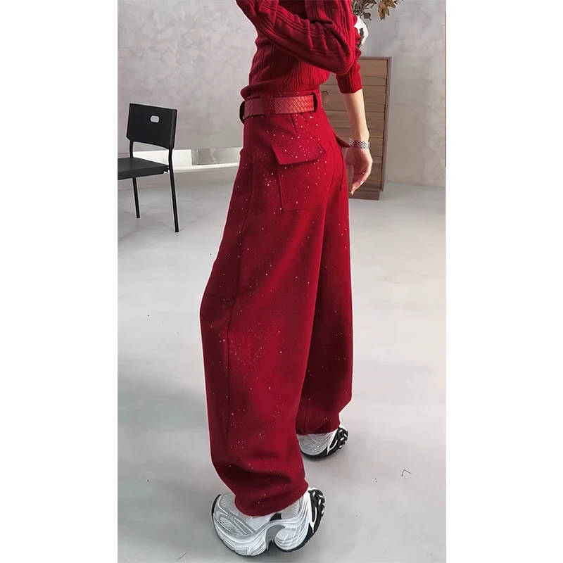 小众时尚百搭满天星弯刀裤2025冬季新款重工洋气设计感加厚阔腿裤