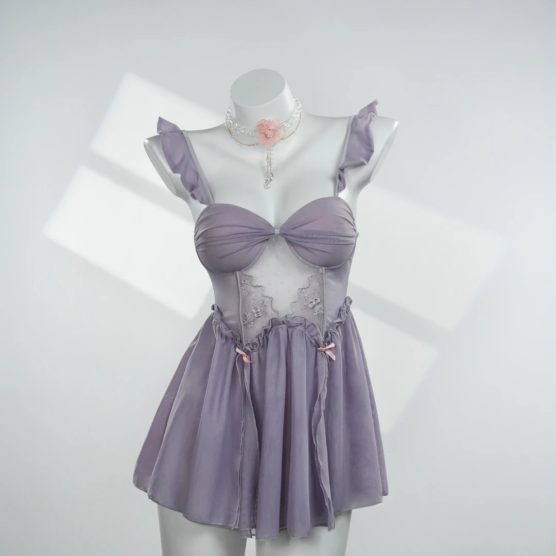 被爱【90-220斤】紫色气质显瘦轻纱性感裙式大码睡裙 P3455