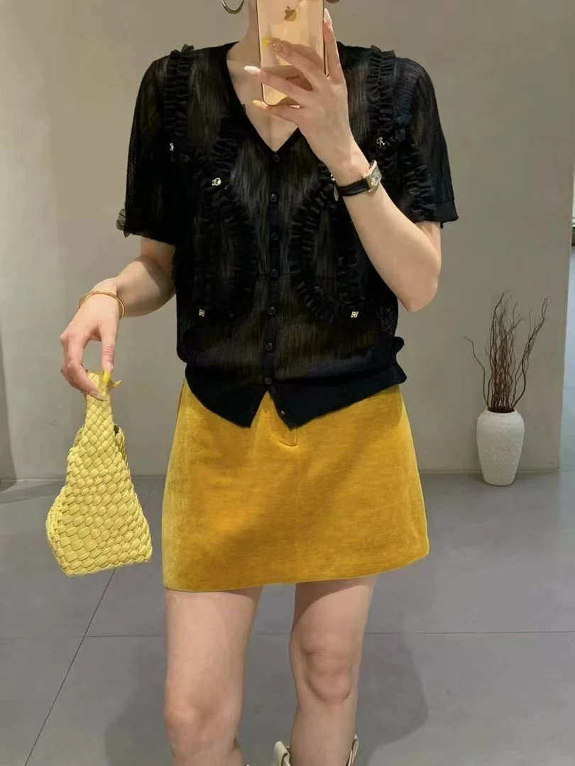 2025夏新款重工钉珠花边气质女人味高级感竹节麻短袖针织开衫