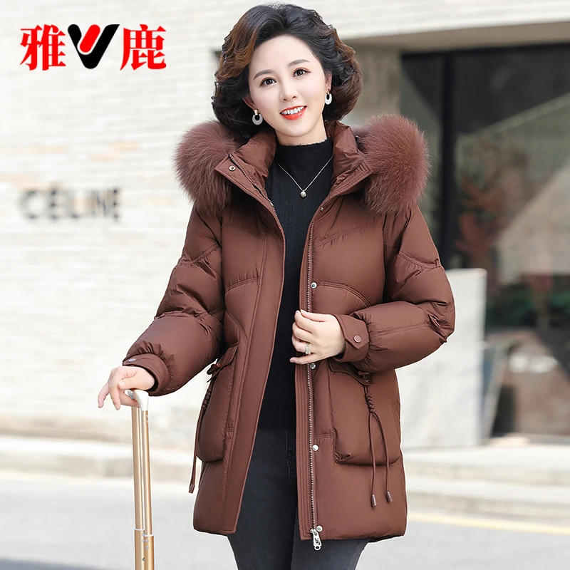 V/雅鹿官方正品羽绒服妈妈装女士中老年狐狸毛领厚款冬季防风保暖