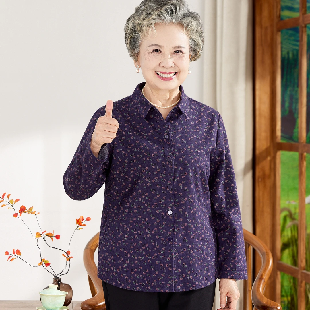 老年人秋装女纯棉长袖衬衫婆婆妈妈春秋天宽松全棉衬衣奶奶装衣服