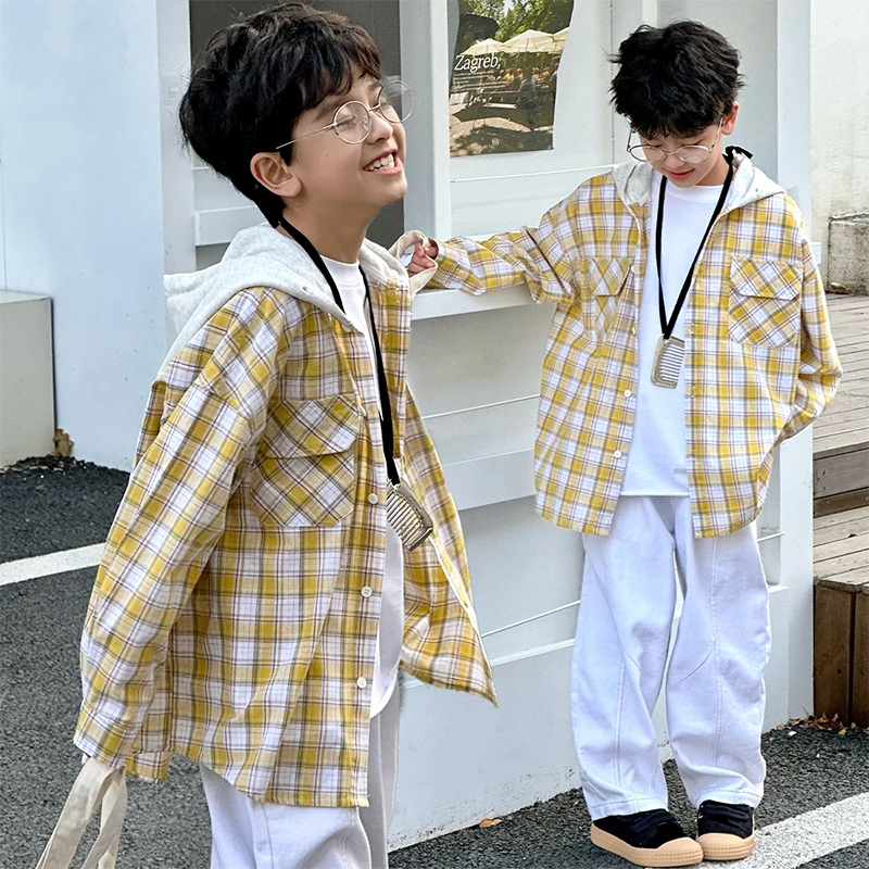 男童长袖格子衬衫薄款上衣2025年春季新款中大童洋气百搭休闲衬衫