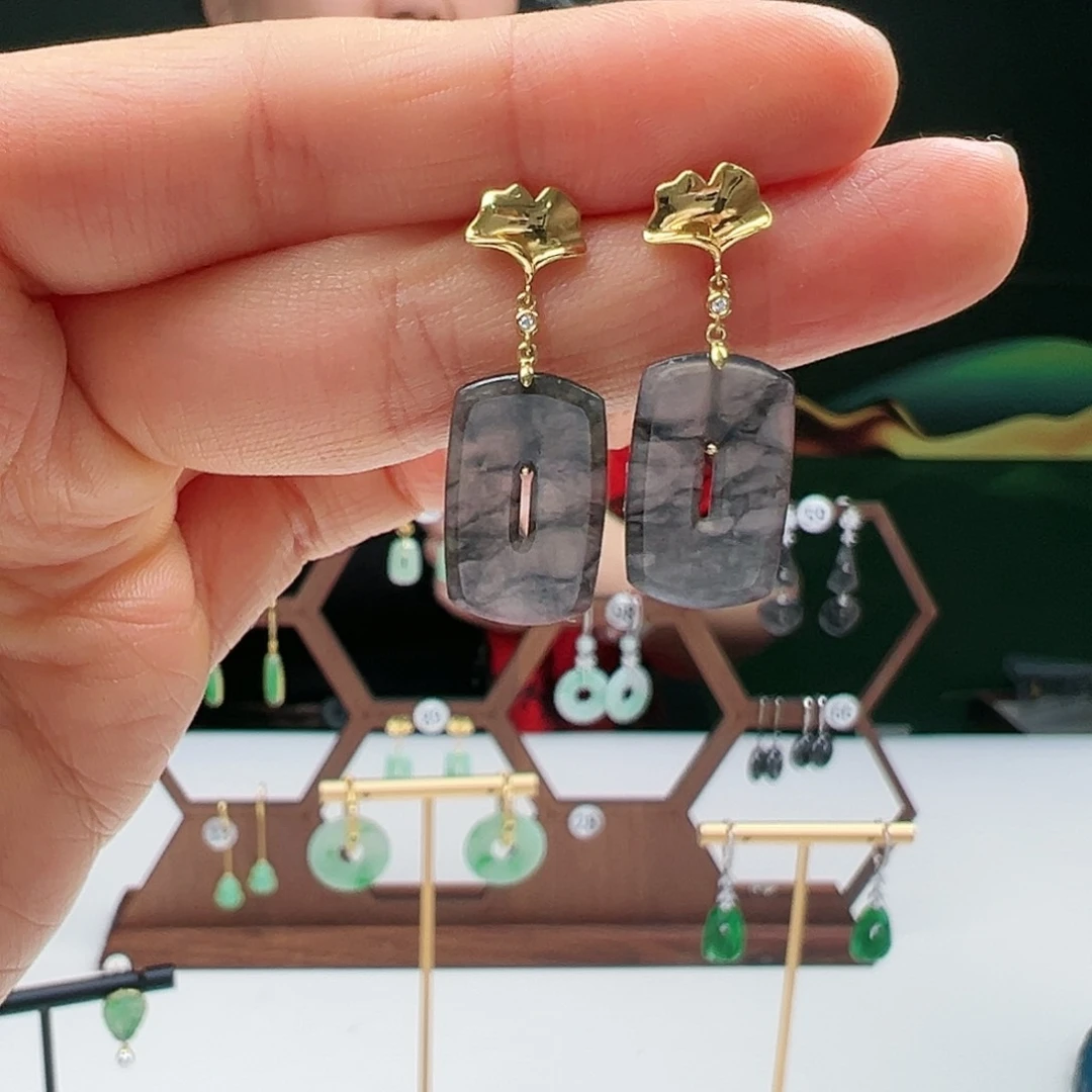 翡翠耳饰18K金镶嵌天然翡翠耳饰18k金镶嵌