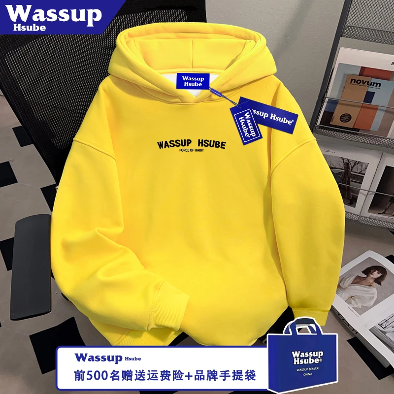 WASSUP HSUBE设计环形字母印花男女黄色卫衣秋冬加绒加厚连帽上衣