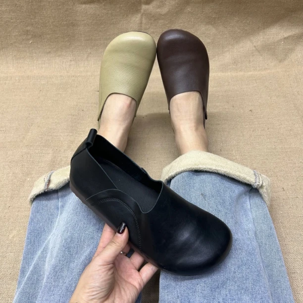 3032-1圆头软底头层牛皮经典懒人一脚蹬妈妈鞋春秋女单鞋