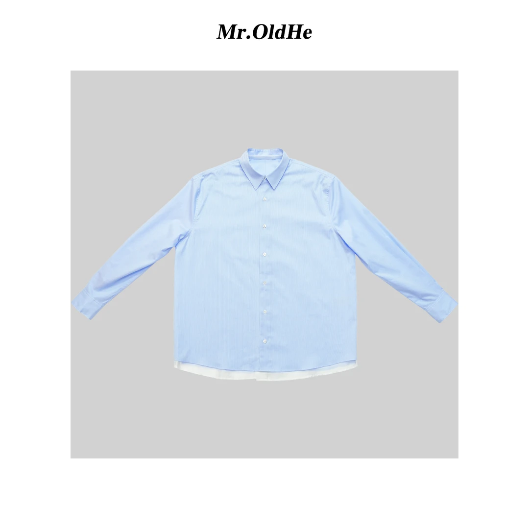 幂幂同款-蓝色双层长袖森系条纹翻领时尚百搭休闲衬衫