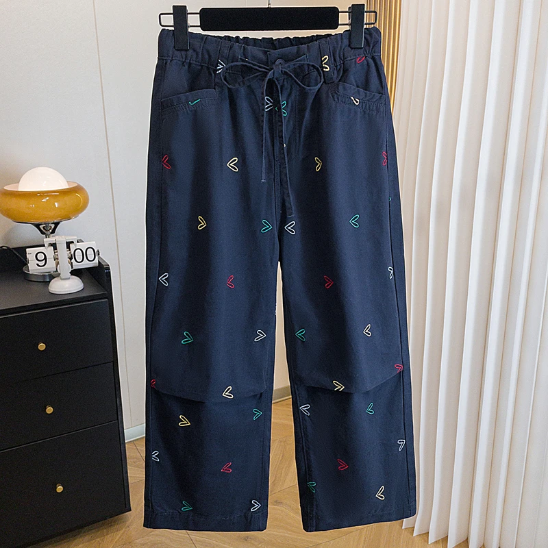 夏季爆款大码女装高腰刺绣阔腿休闲裤梨形身材减龄抽绳直筒九分裤