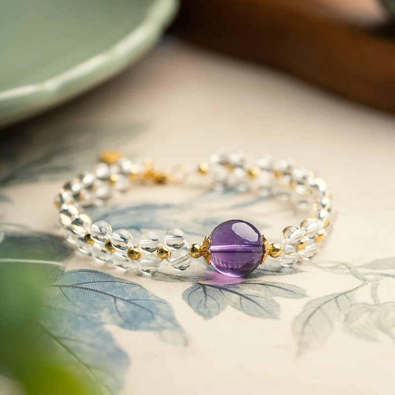 白水晶4mm圆珠紫水晶双排单圈手串手链
