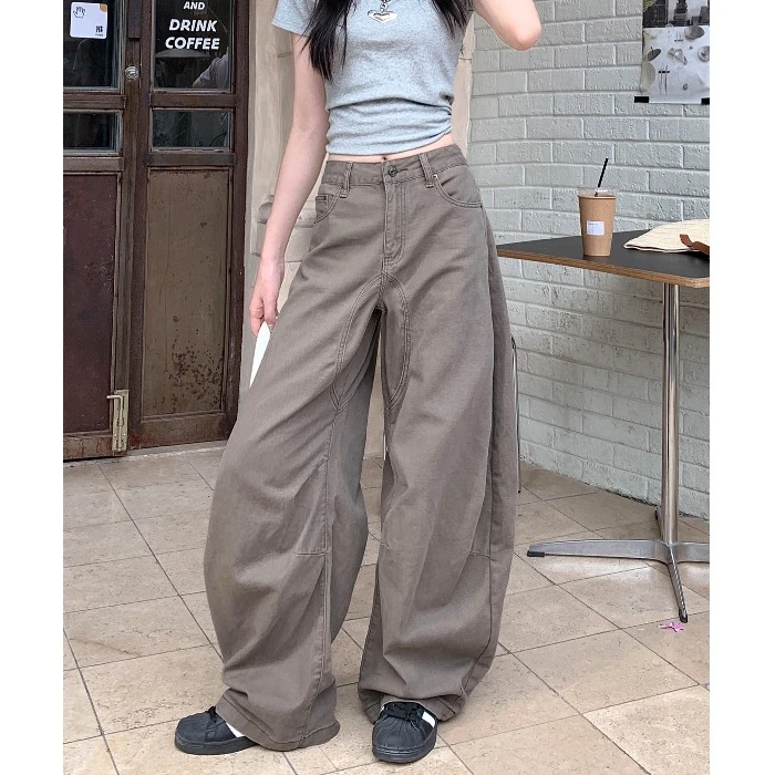 美式嘻哈高街工装牛仔裤女夏季棕色高腰直筒裤子宽松阔腿拖地长裤