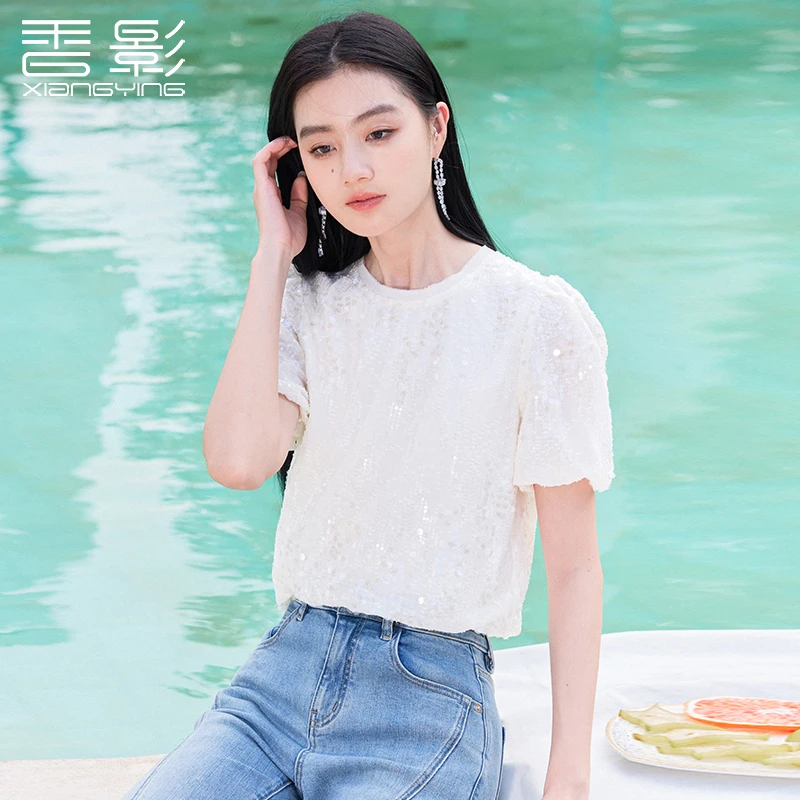 【直播专享】S842318蕾丝衫 香影闪闪亮片泡泡袖上衣女年夏季新款