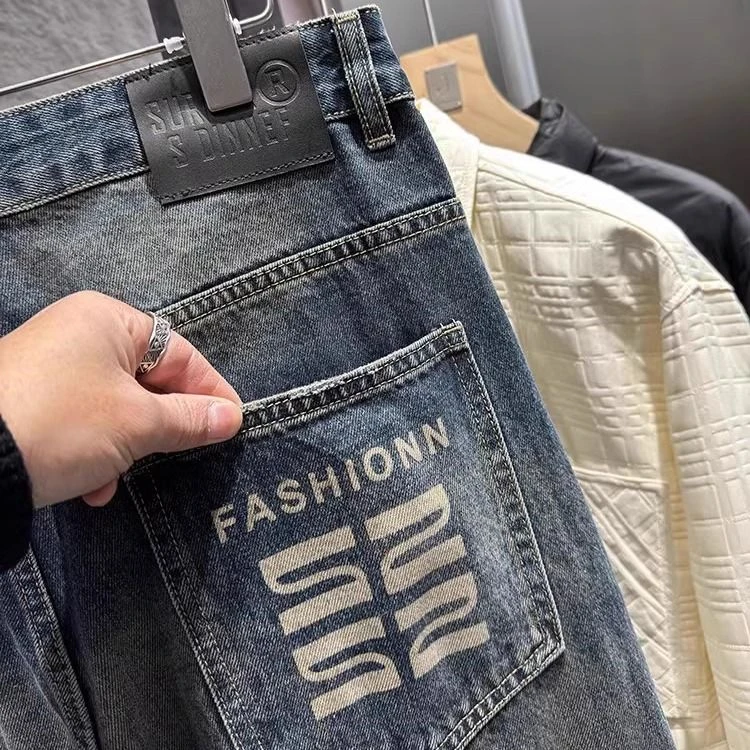 00338 # 重工水洗猫须!0宽松男士计师款美式宽松直筒牛仔裤