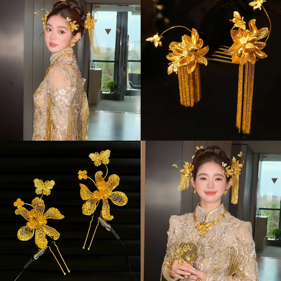 金色系超美腻步摇发簪龙凤褂配饰英伦王后造型同款头饰跟妆12866