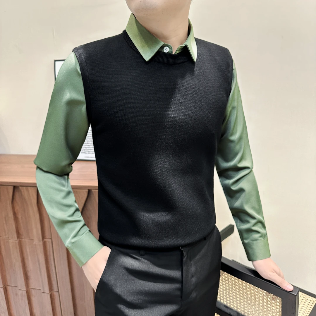 重磅男生假两件衬衫潮牌痞帅炸街男装新款拼接男士打底衫内搭秋冬