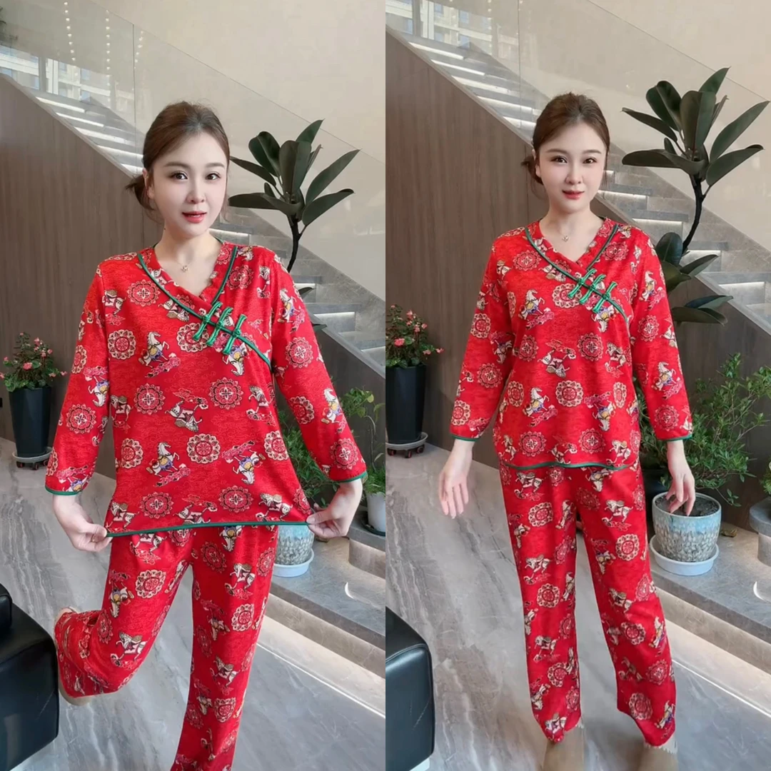马上有钱新中式女士秋冬弹力时尚宽松盘扣大码红色本命年睡衣套装