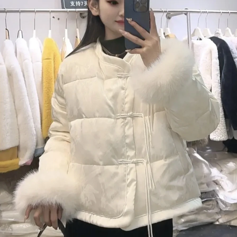 【流苏国风】拼接复古提花仿狐狸毛袖口加厚保暖棉服