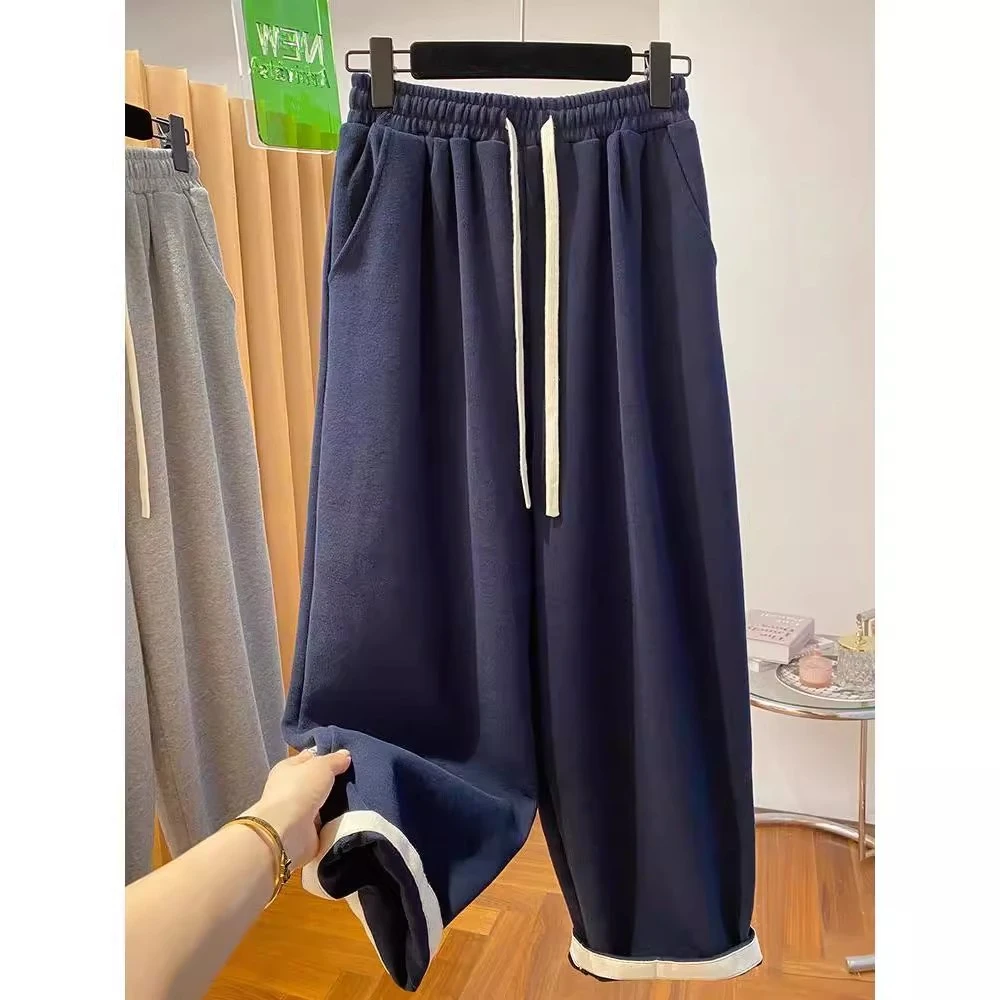 特大码300斤简约韩版卷边休闲卫裤女春秋季宽松休闲百搭哈伦裤ins