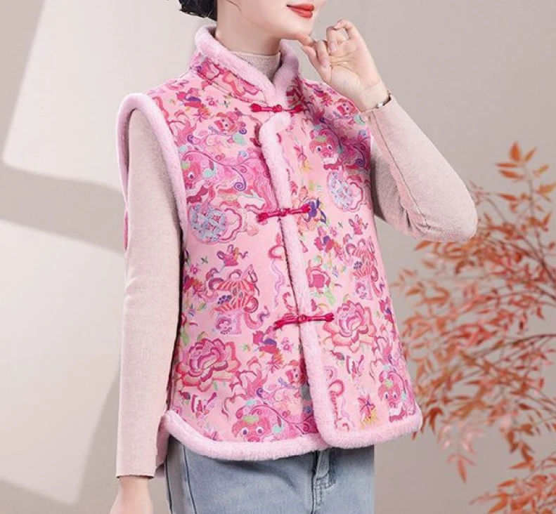 新中式国风马甲秋冬女装复古立领盘扣背心加绒加厚背心马夹